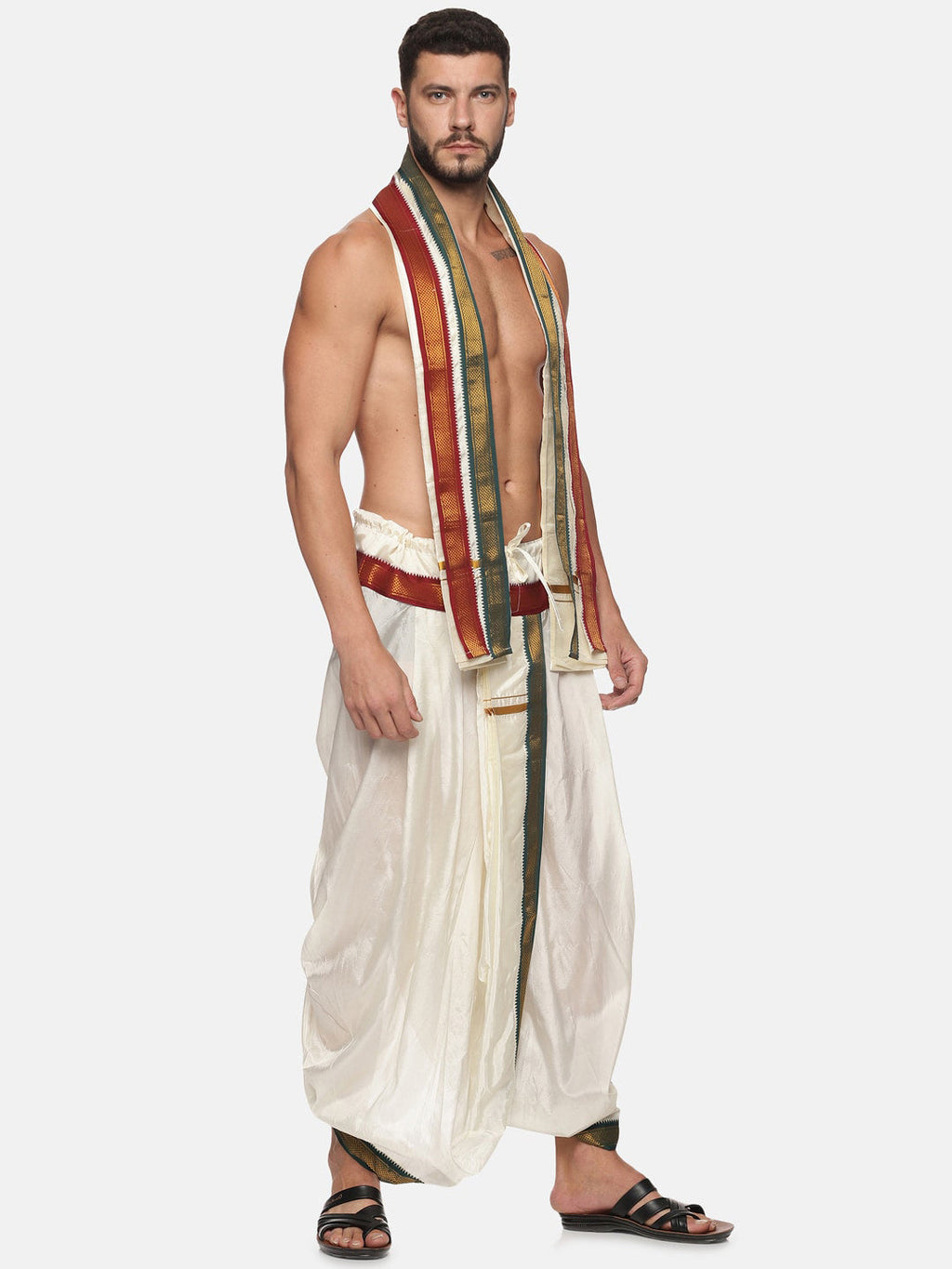Sethukrishna Men Cream Solid Readymade Dhoti Pants With Angavastram - Distacart