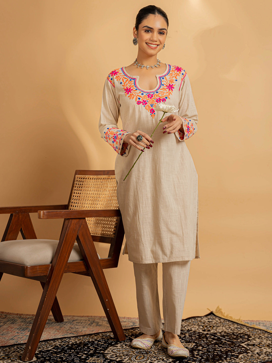 HOUSE OF KARI Floral Embroidered Chikankari Kurta With Palazzo