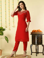 Myshka Women's Red Georgette Kurta With Trousers Party Sets