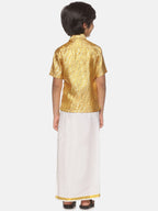 Sethukrishna Boys Gold-Toned & White Solid Shirt and Dhoti Set