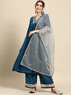 Sangria Floral Embroidered Empire Thread Work Kurta With Palazzos & Dupatta