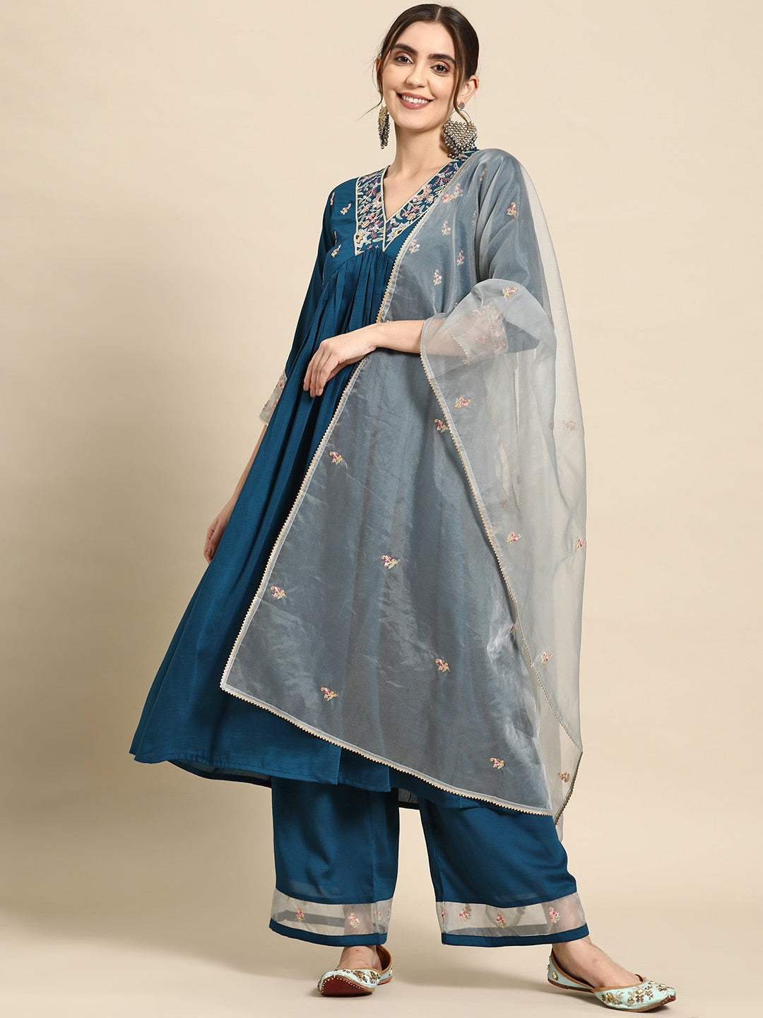 Sangria Floral Embroidered Empire Thread Work Kurta With Palazzos & Dupatta