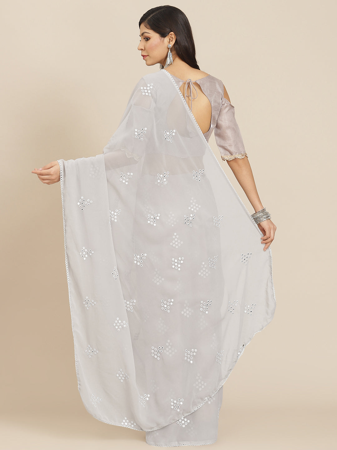 Tikhi Imli Grey Embroidered Mirror-Work Saree - Distacart