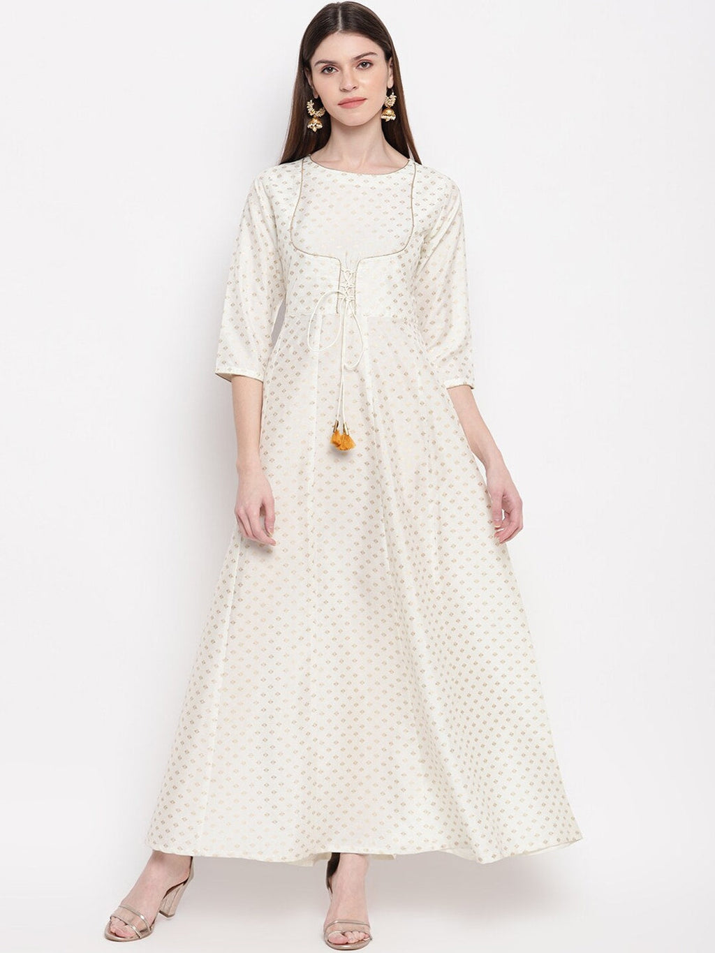 Janasya Off White & Gold-Toned Geometric Printed Anarkali Kurta - Distacart
