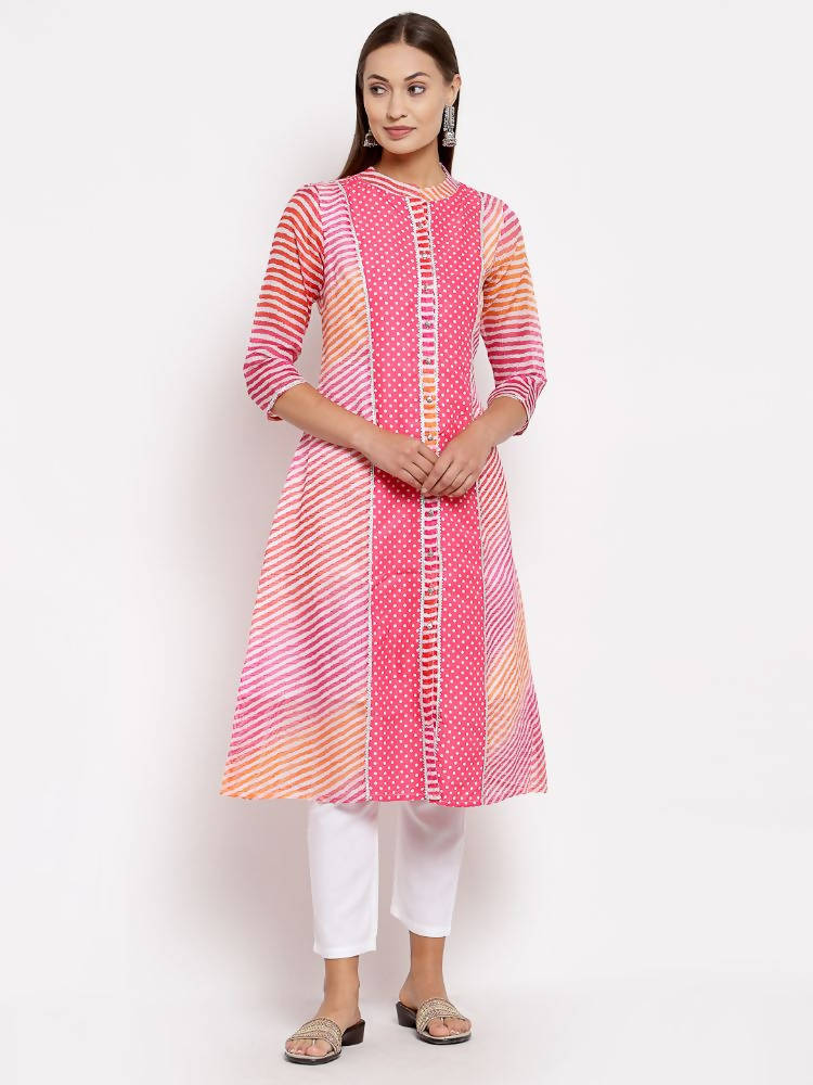 Myshka Women's Pink Cotton Printed 3/4 Sleeve Round Neck Casual Kurta