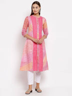 Myshka Women's Pink Cotton Printed 3/4 Sleeve Round Neck Casual Kurta