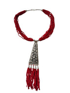 Inhanns Day-To-Dinner Tie Shaped Oxidized Black Metal Multi-Layered Long Only Necklace - Red Necklace