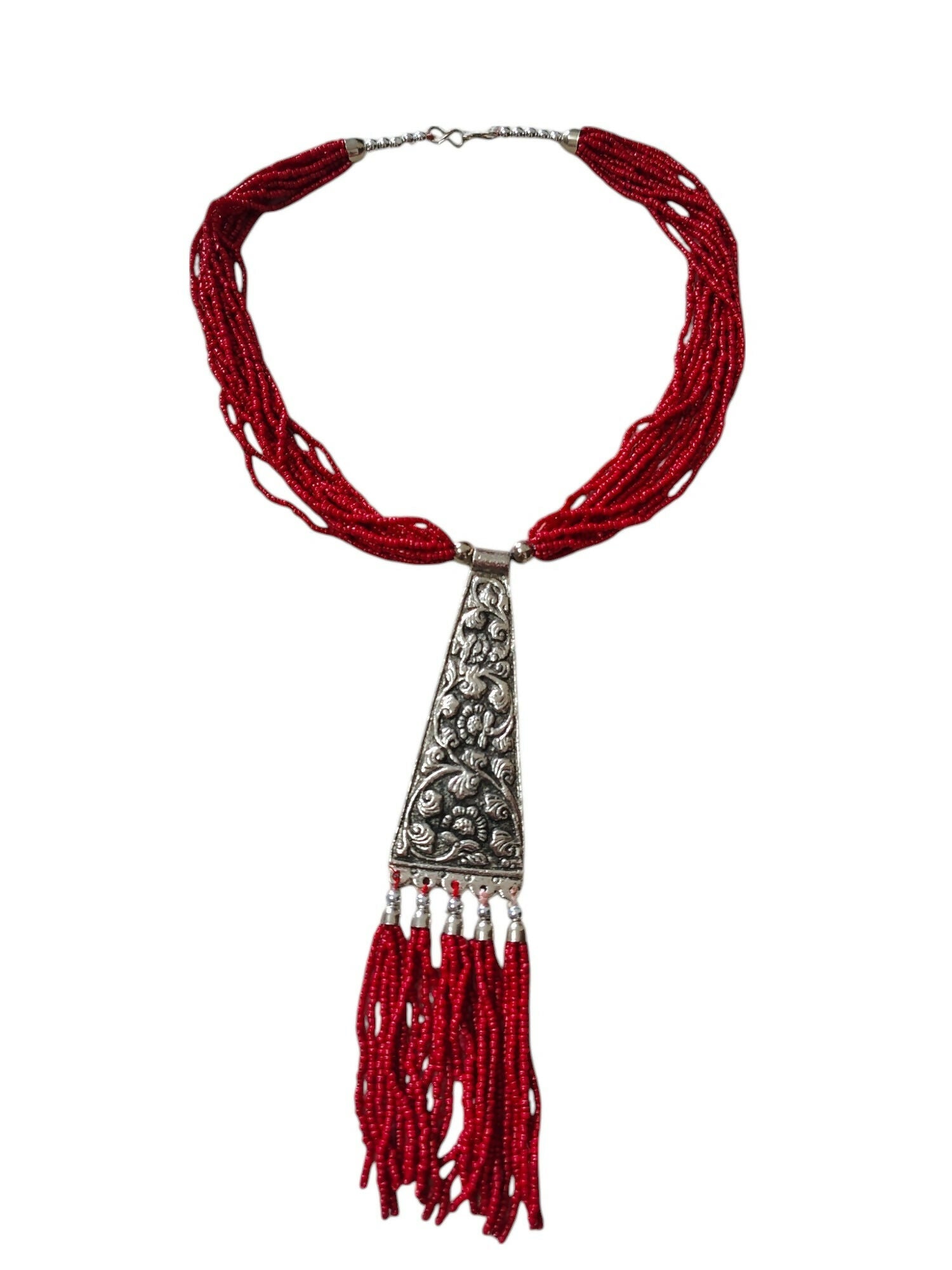 Inhanns Day-To-Dinner Tie Shaped Oxidized Black Metal Multi-Layered Long Only Necklace - Red Necklace