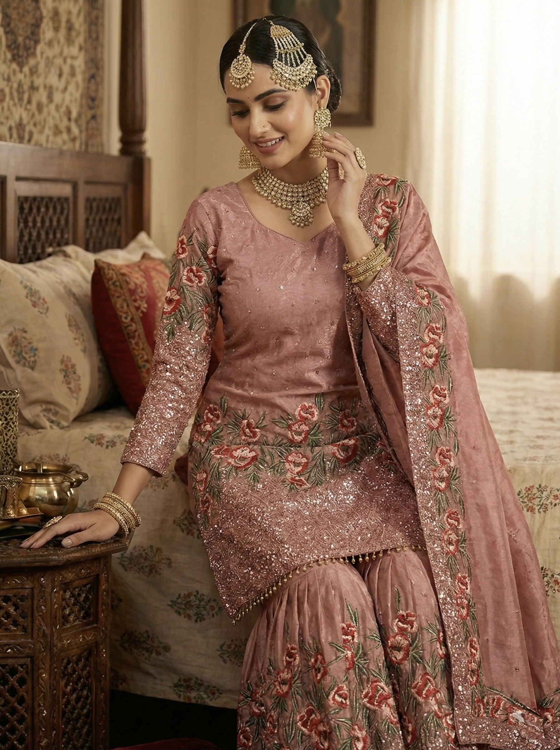 Teeya Creation Peach Fendy Silk Heavy Embroidery Work Party Wear Sharara Suit - Distacart