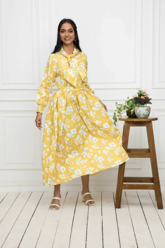 Myshka Women Yellow-Floral Rayon A-Line Shirt Collar Dress - Distacart