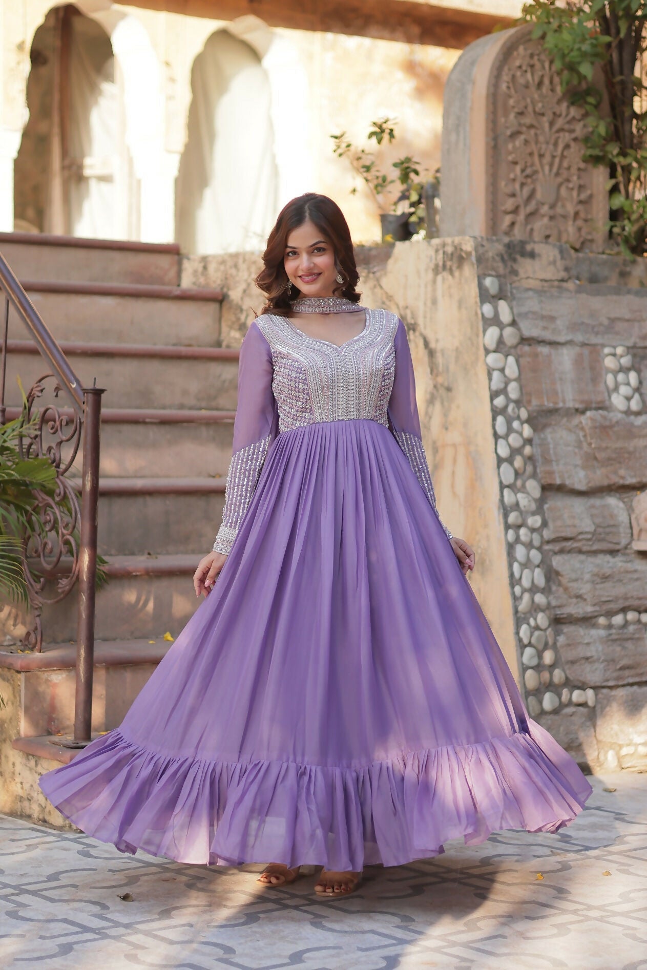 Joban Fashion Lavender Georgette Sequence Embroidery Work Kurta Set - Distacart