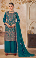 Anaita Blue Vichitra Silk Readymade Palazzo Suit with Embroidery & Lace Work - Distacart