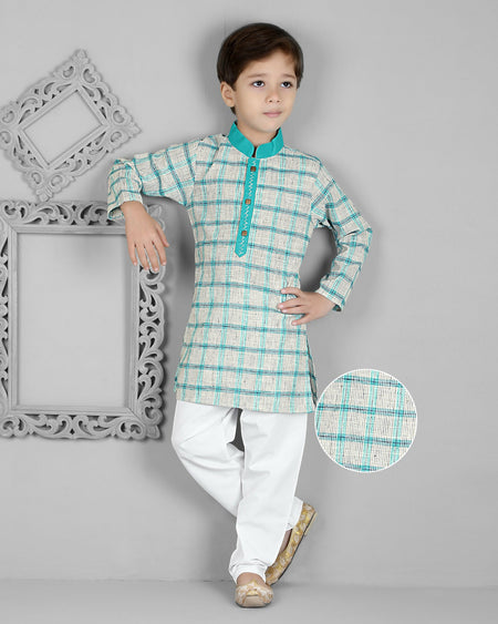 Joban Fashion Kids Island Cotton Full Sleeves Striped Kurta and Pyjama- Teal Blue