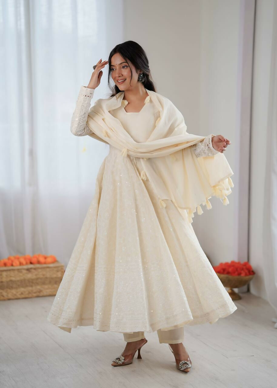 Teeya Creation Cream Kora Cotton Designer Embroidery Work long Gown - Distacart