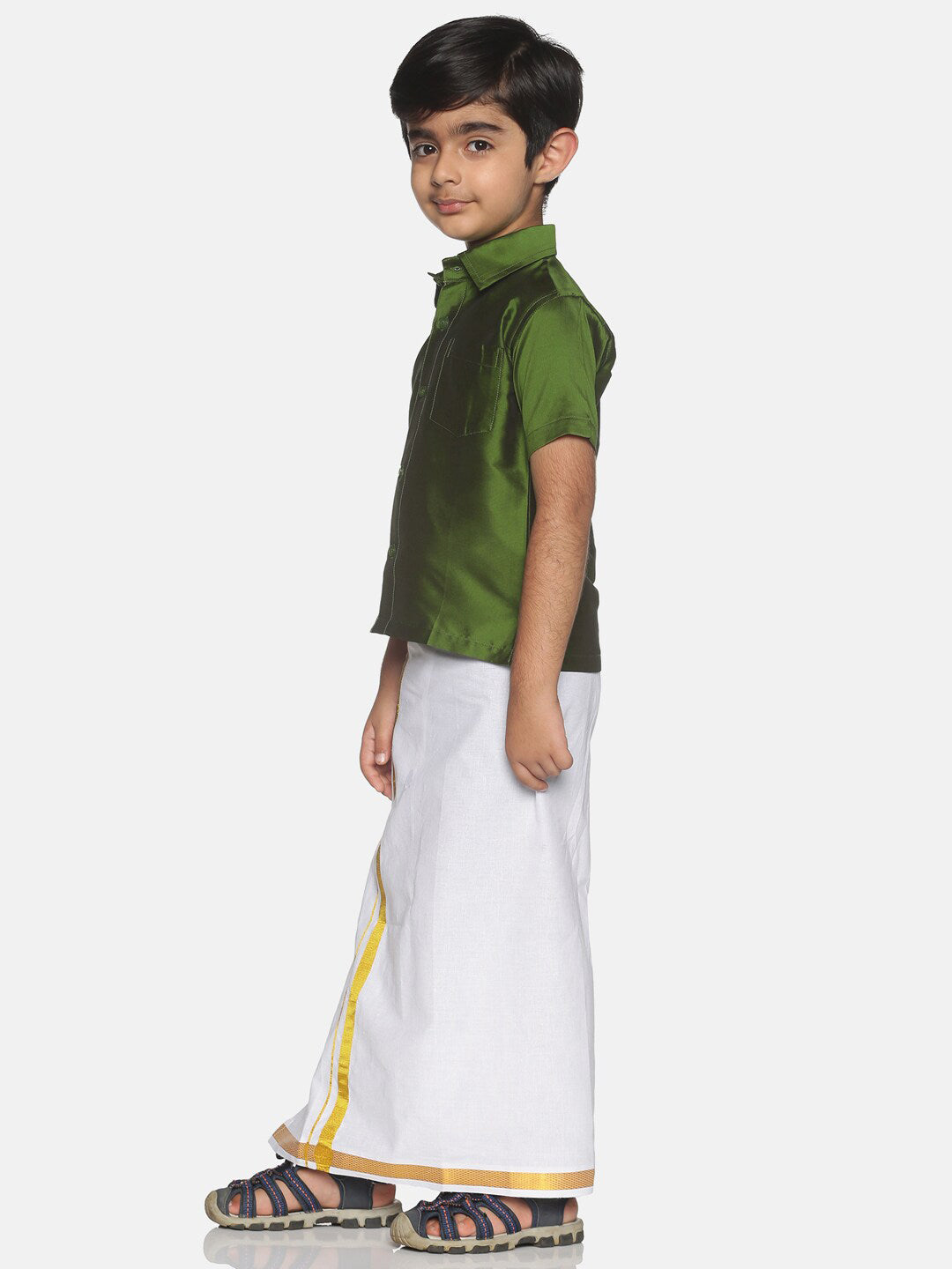 Sethukrishna Olive Green & White Solid Shirt and Veshti For Boys