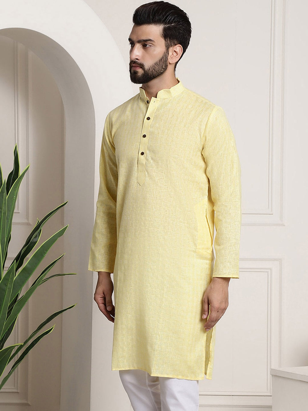 Sojanya Men Yellow Dobby Self-Checked Straight Kurta