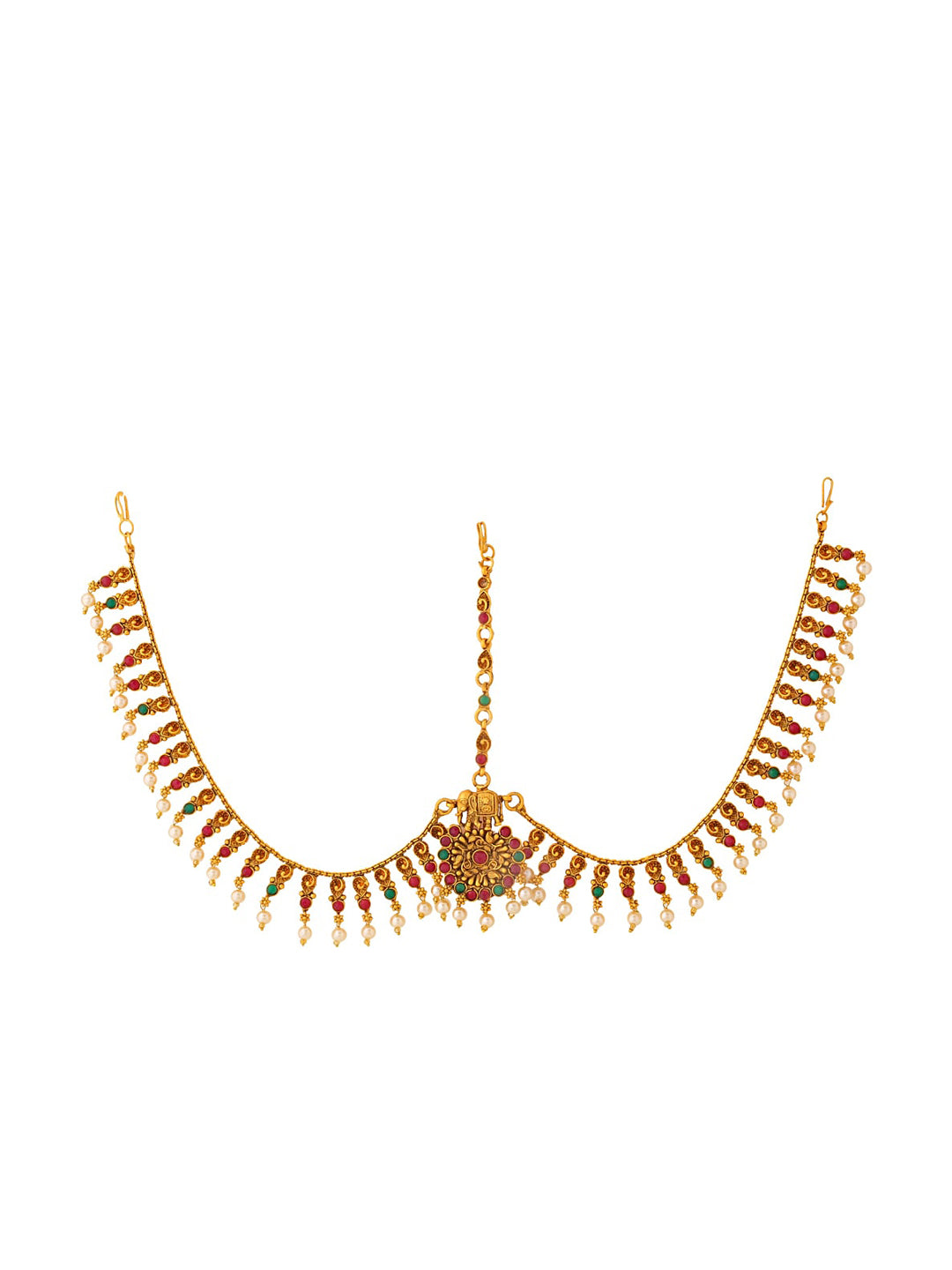 Yellow Chimes Women Gold-Plated, Maroon, Green White Pearl Hanging Bridal Mathapatti - Distacart