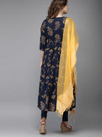 HERE&NOW Women Navy Blue & Gold-Toned Printed Kurta with Churidar & Dupatta