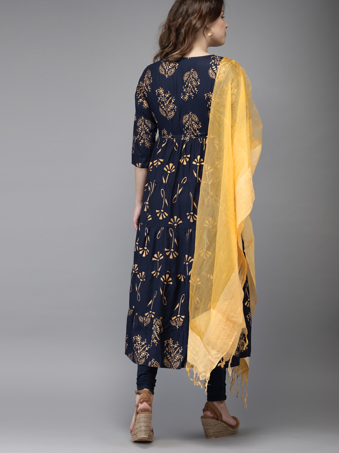 HERE&NOW Women Navy Blue & Gold-Toned Printed Kurta with Churidar & Dupatta