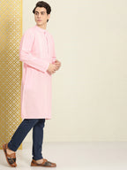 House of Pataudi Men Chikankari Yoke Design Pastels Pure Cotton Rozana Kurta