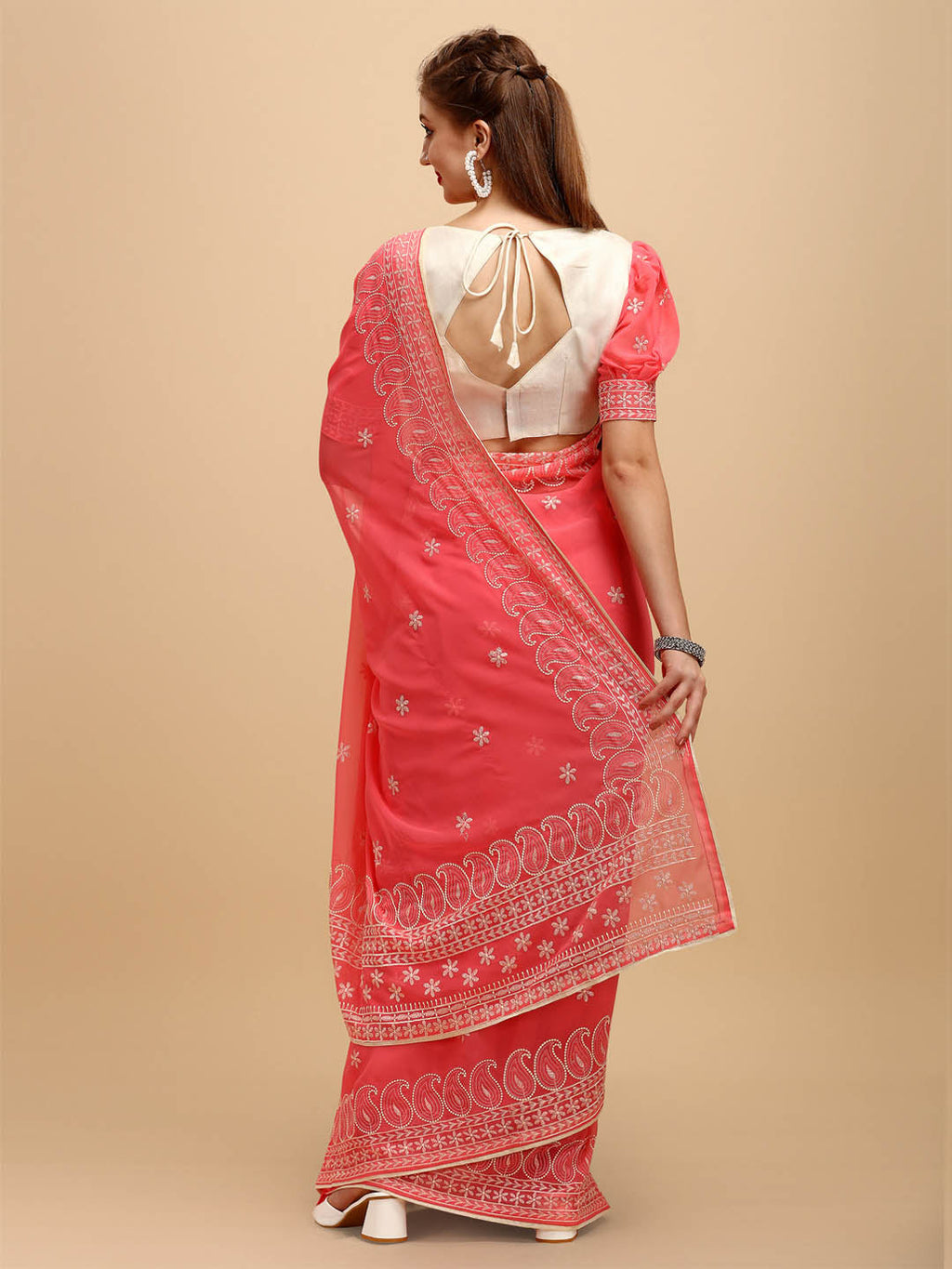 Sangria Rose & Gold-Toned Floral Chikankari Silk Blend Saree