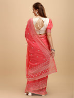 Sangria Rose & Gold-Toned Floral Chikankari Silk Blend Saree