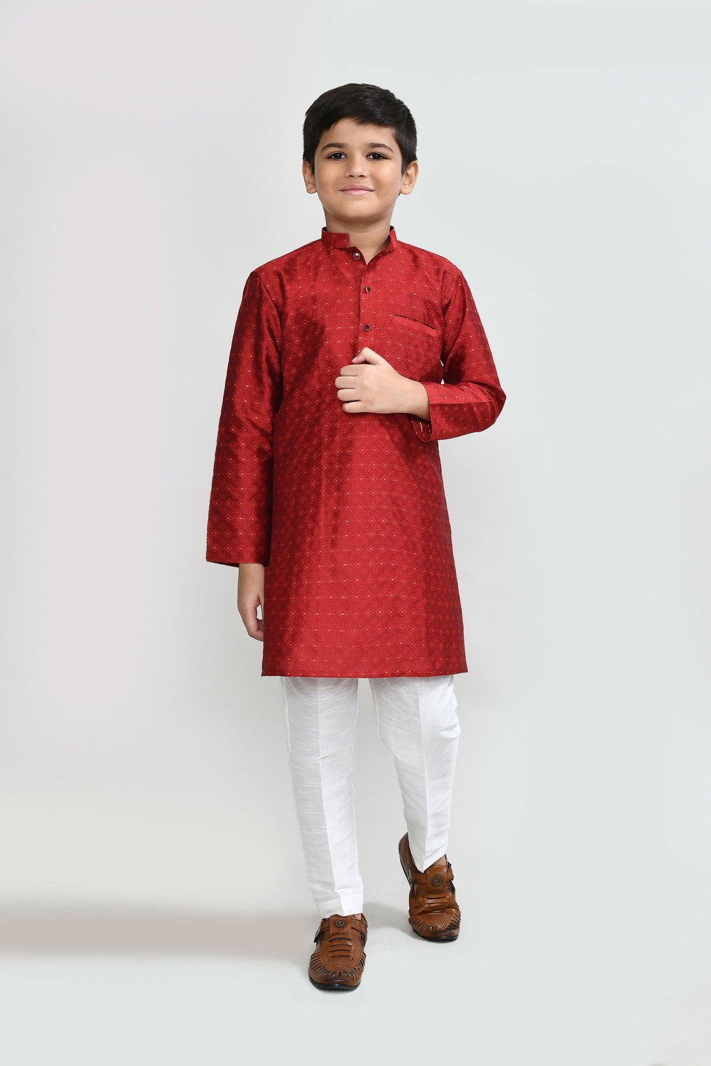 Joban Fashion Jacquard Silk Red Kurta With Straight Fit Pant