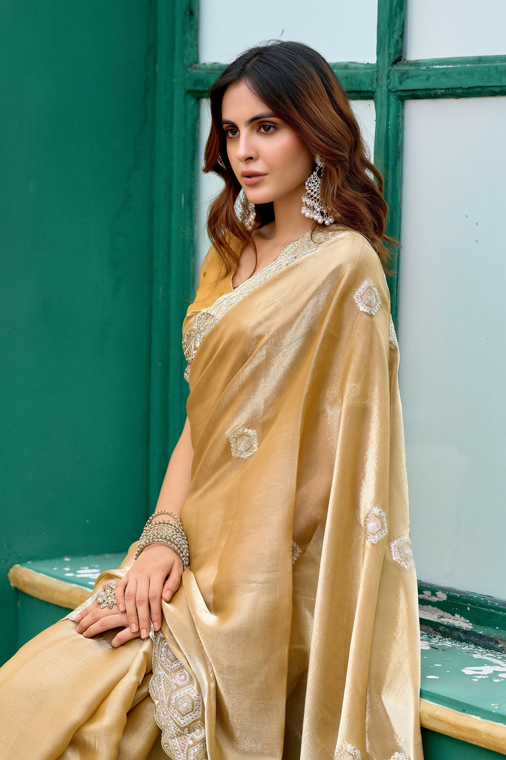 Vastranavya Beige Embroidery Work Shimmer Chiffon Saree with Unstitched Blouse - Distacart