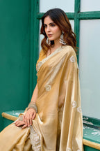 Vastranavya Beige Embroidery Work Shimmer Chiffon Saree with Unstitched Blouse - Distacart