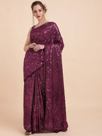 Sangria Burgundy Embellished Sequinned Pure Georgette Saree - Distacart