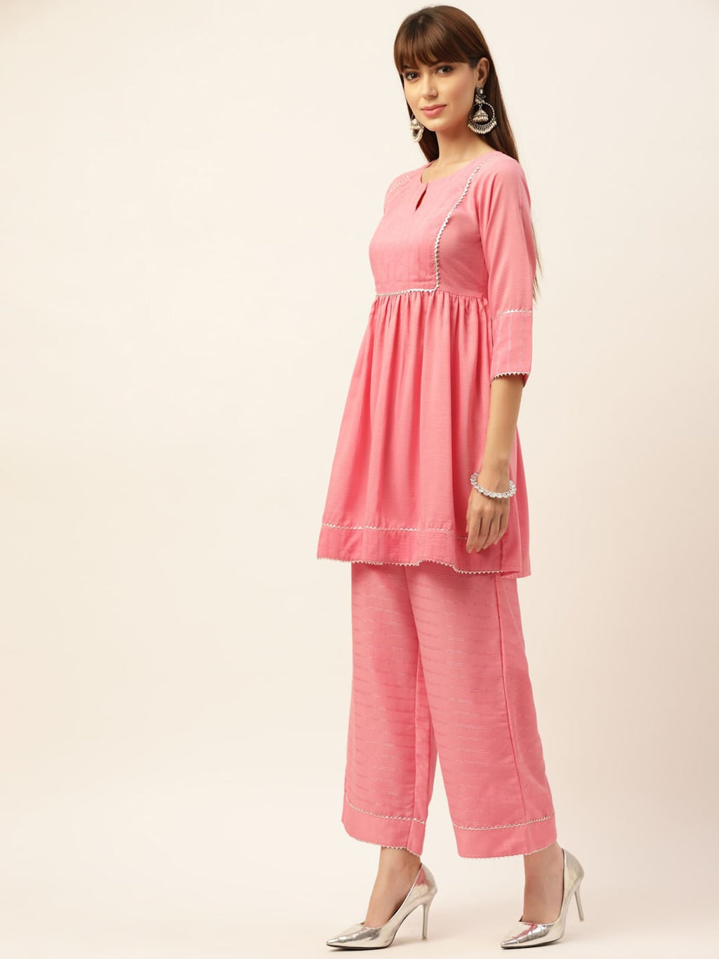 Sangria Peach-Coloured Zari Gotta Patti Pleated A-Line Pure Cotton Kurti With Palazzo