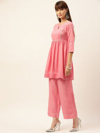 Sangria Peach-Coloured Zari Gotta Patti Pleated A-Line Pure Cotton Kurti With Palazzo