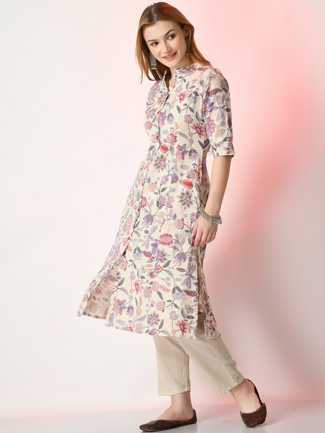 Sangria Off White Floral Printed Mandarin Collar Cotton A-Line Kurta - Distacart