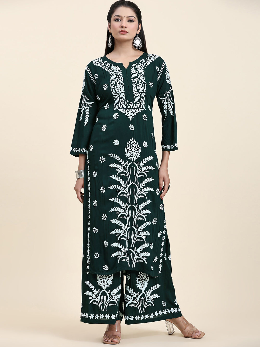 HOUSE OF KARI Floral Embroidered Chikankari Pure Cotton Straight Kurta With Palazzo