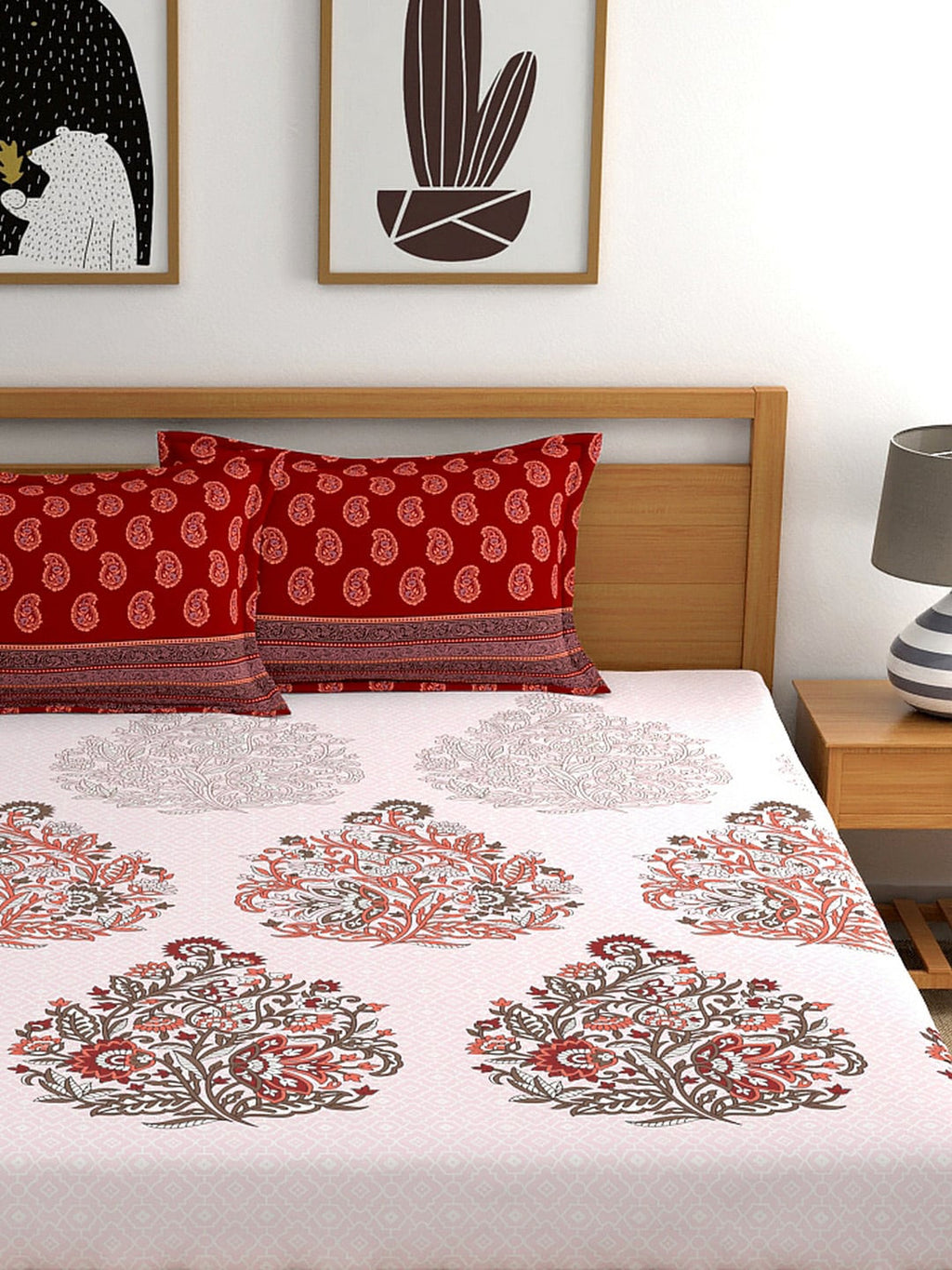 My Room Red & White Ethnic Motifs 140 TC King Bedsheet with 2 Pillow Covers
