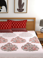 My Room Red & White Ethnic Motifs 140 TC King Bedsheet with 2 Pillow Covers
