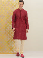 House of Pataudi Men Red Embroidered Jashn Straight Kurta