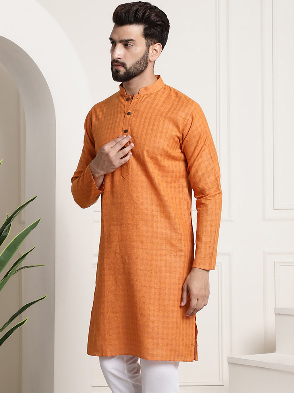 Sojanya Men Orange Dobby Self-Checked Straight Kurta