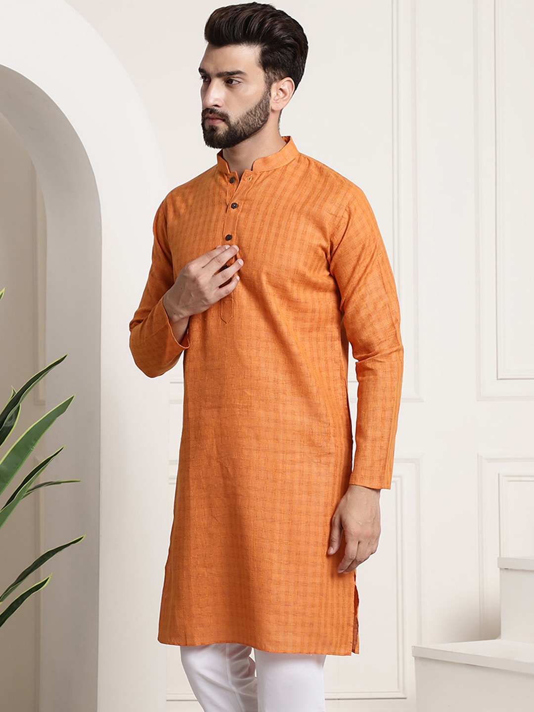 Sojanya Men Orange Dobby Self-Checked Straight Kurta