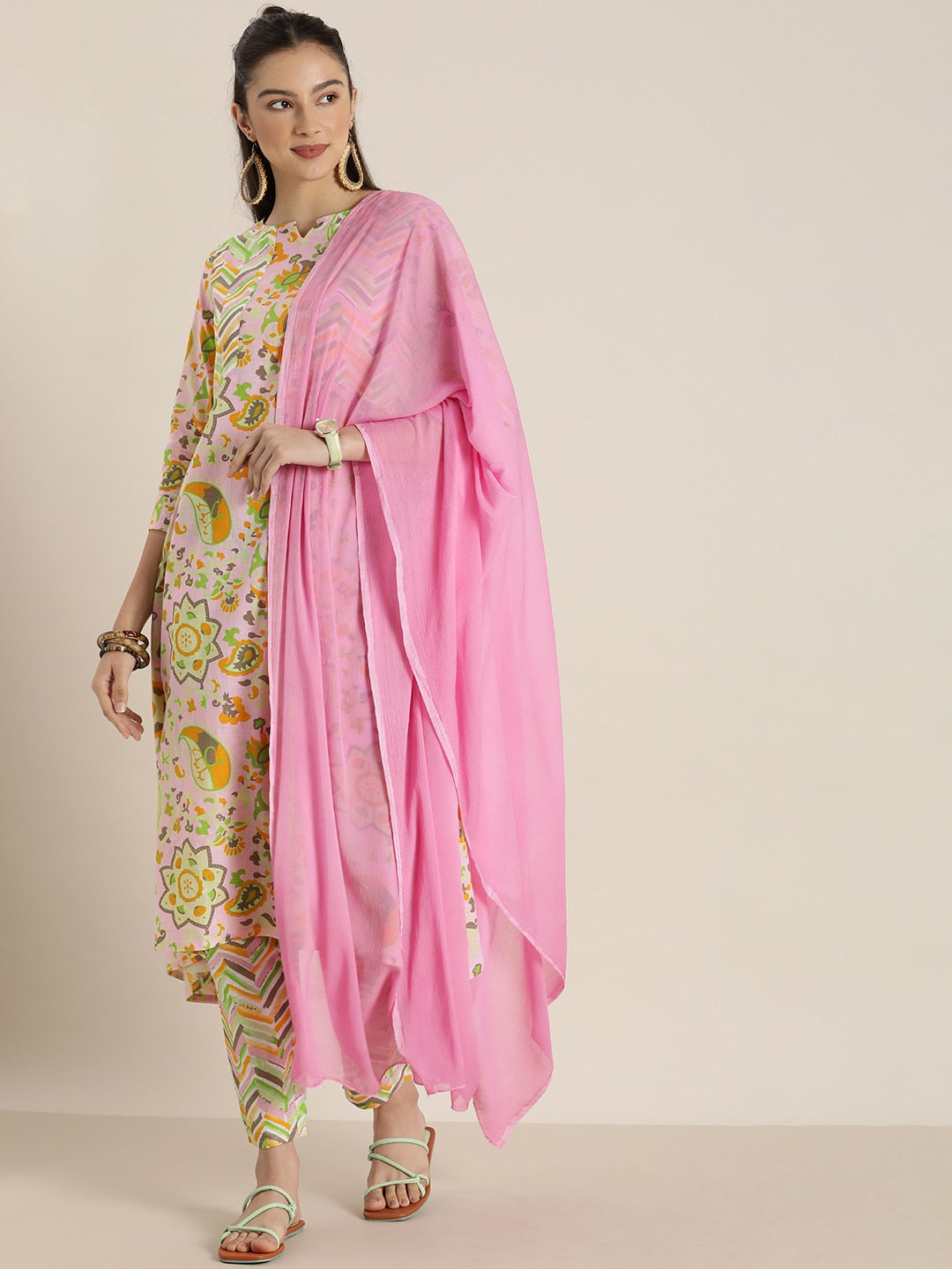 Sangria Women Pink & Yellow Ethnic Motifs Printed Cotton Kurta with Trousers & Dupatta