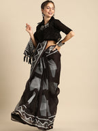 Sangria Black Printed Pure Linen Saree - Distacart