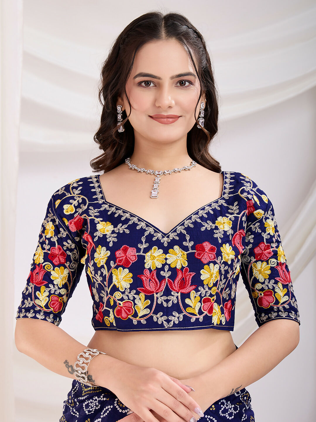 Blue Vichitra Silk Bandhani Printed, Embroidery Work Saree - Ditya