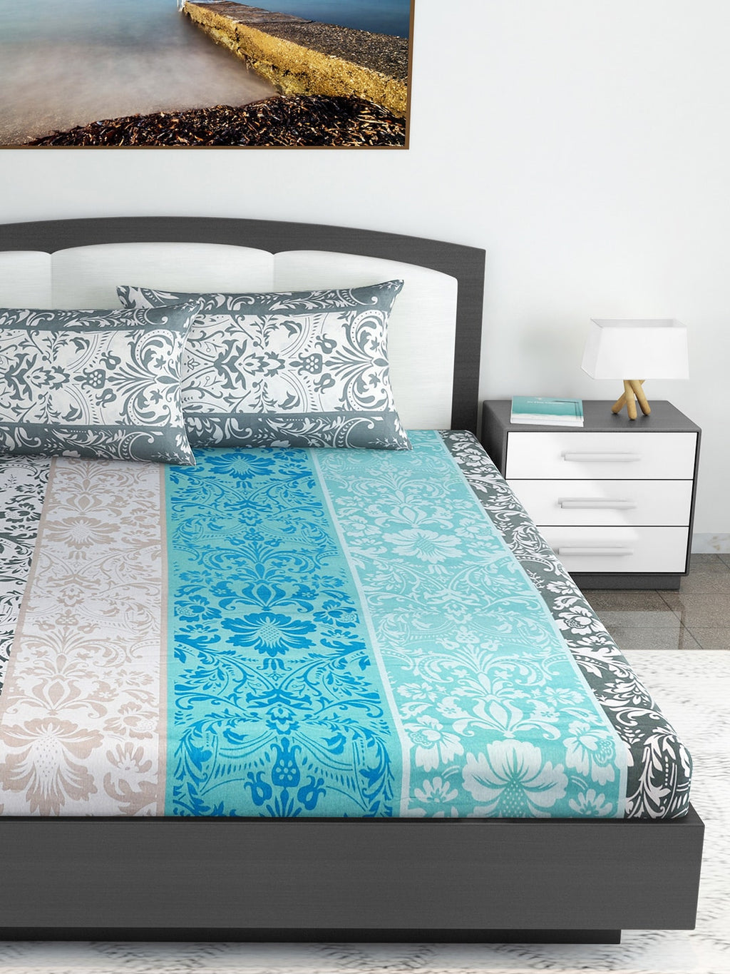 Divine Casa Blue & Grey Ethnic Motifs 120 TC Bedsheet with Pillow Covers - Distacart