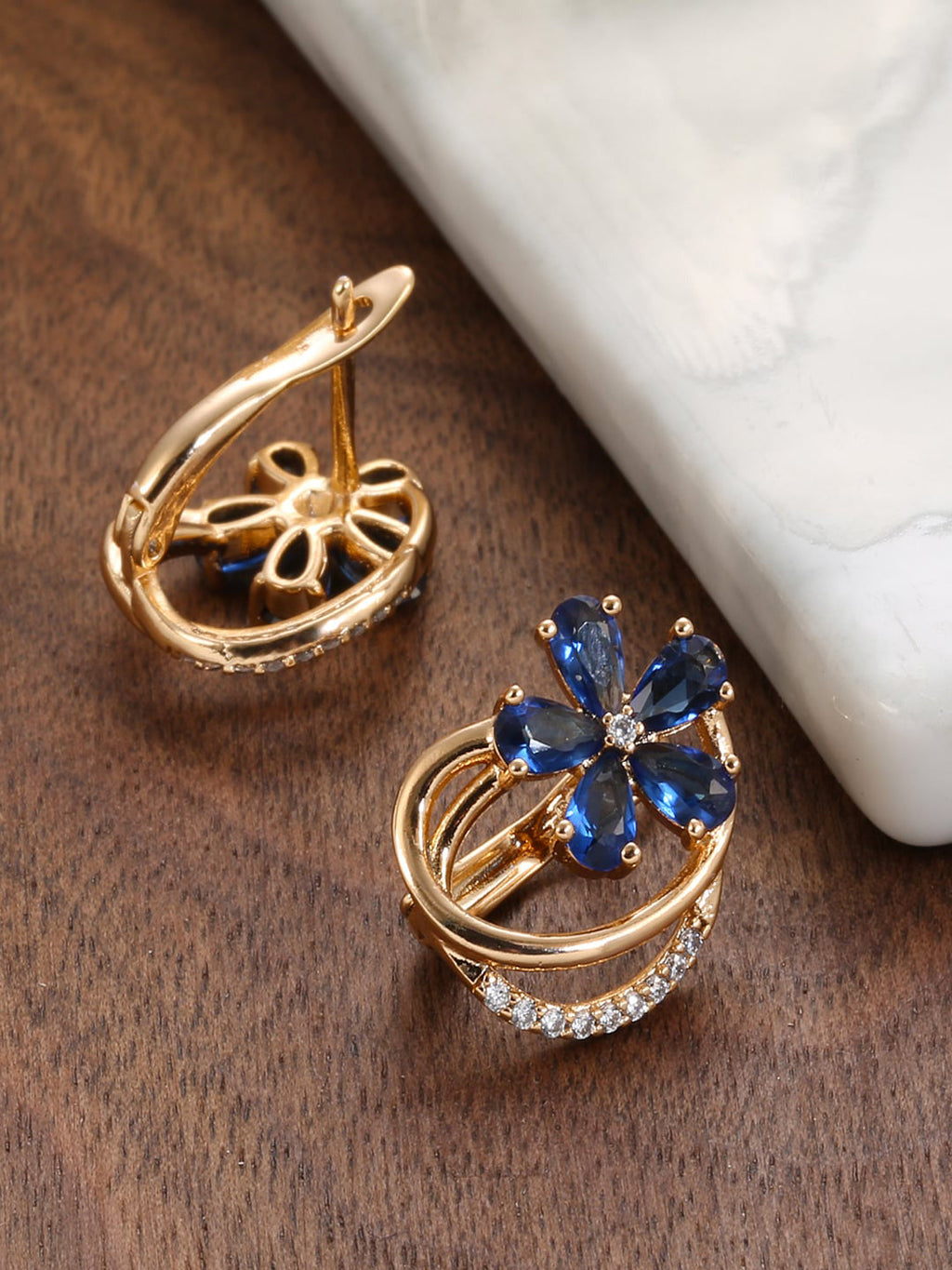 Shining Diva Rose Gold-Plated Blue Floral Studs Earrings - Distacart