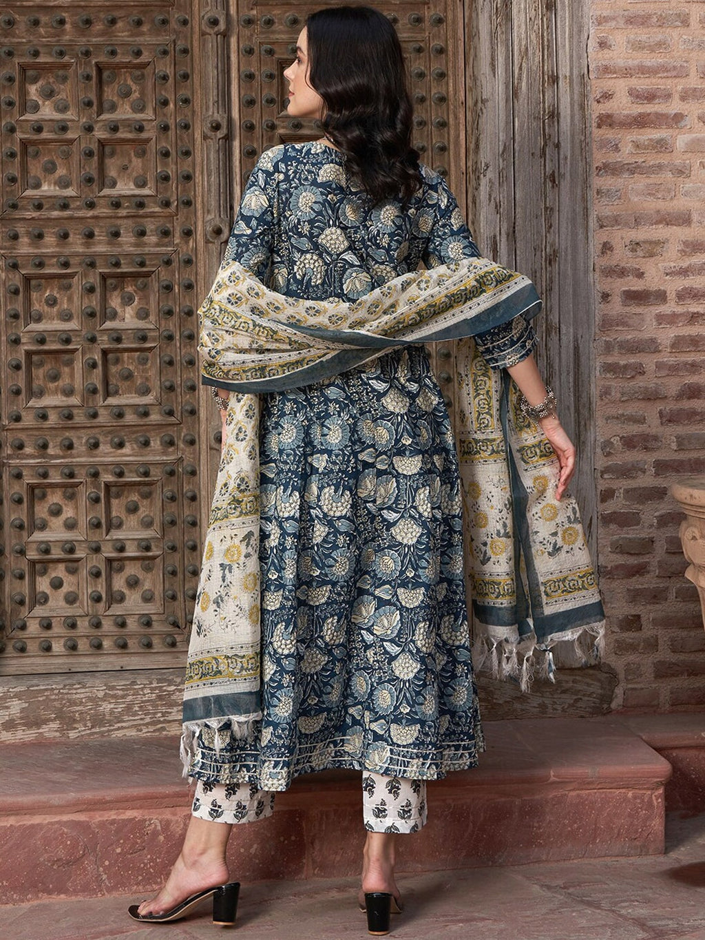 Sangria Navy Blue Floral Printed Pure Cotton Anarkali Kurta With Trouser & Dupatta