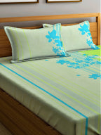 Home Sizzler Green & Blue Floral Cotton 210 TC Queen Bedsheet with 2 Pillow Covers - Distacart