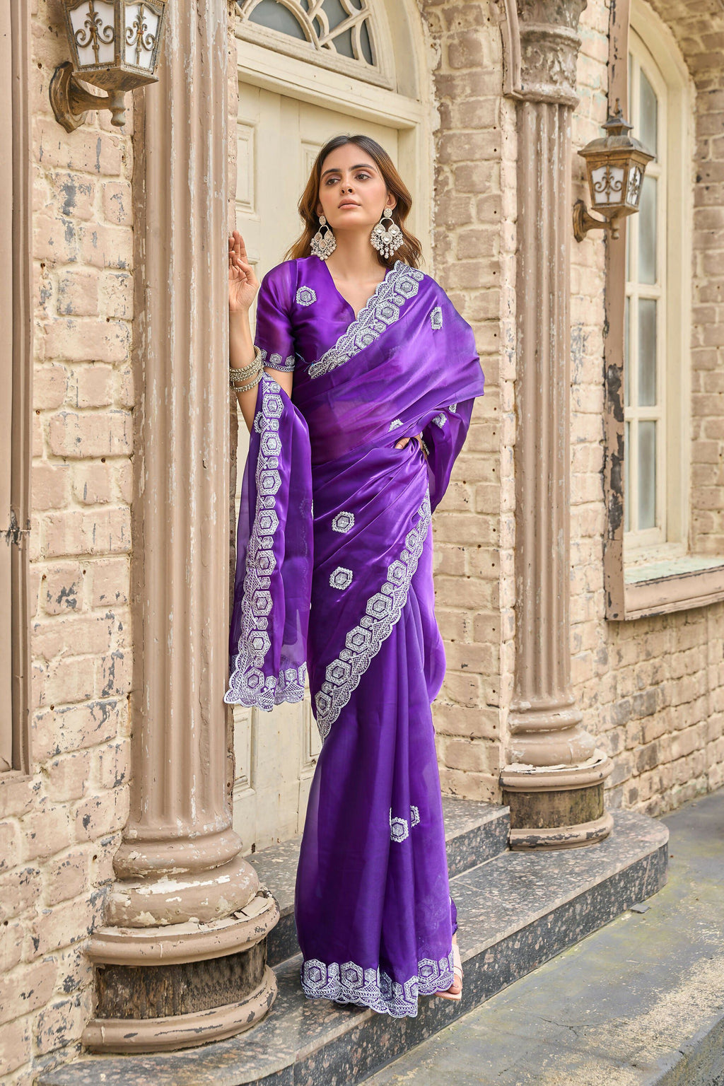 Vastranavya Purple-Blue Embroidery Work Shimmer Chiffon Saree with Unstitched Blouse - Distacart