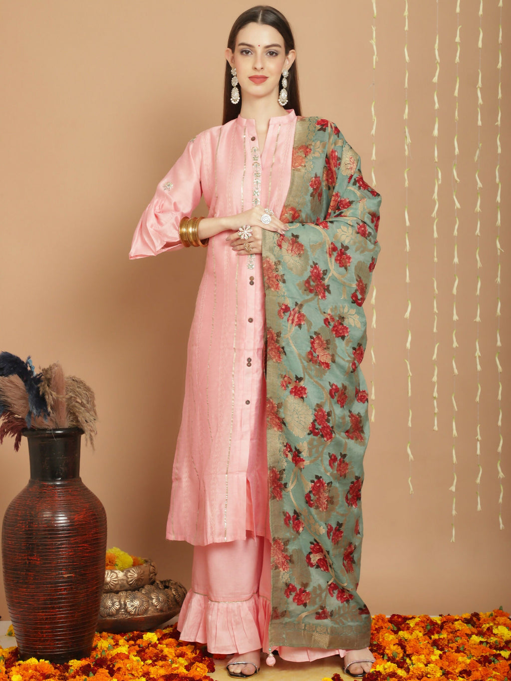 Jyoti Fashion Women's Peach Chanderi Silk Elegant Jardoshi Kurta with Trouser & Dupatta