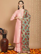 Jyoti Fashion Women's Peach Chanderi Silk Elegant Jardoshi Kurta with Trouser & Dupatta