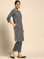 Sangria Women Charcoal Grey Pure Cotton Solid Kurta with Cropped Trousers